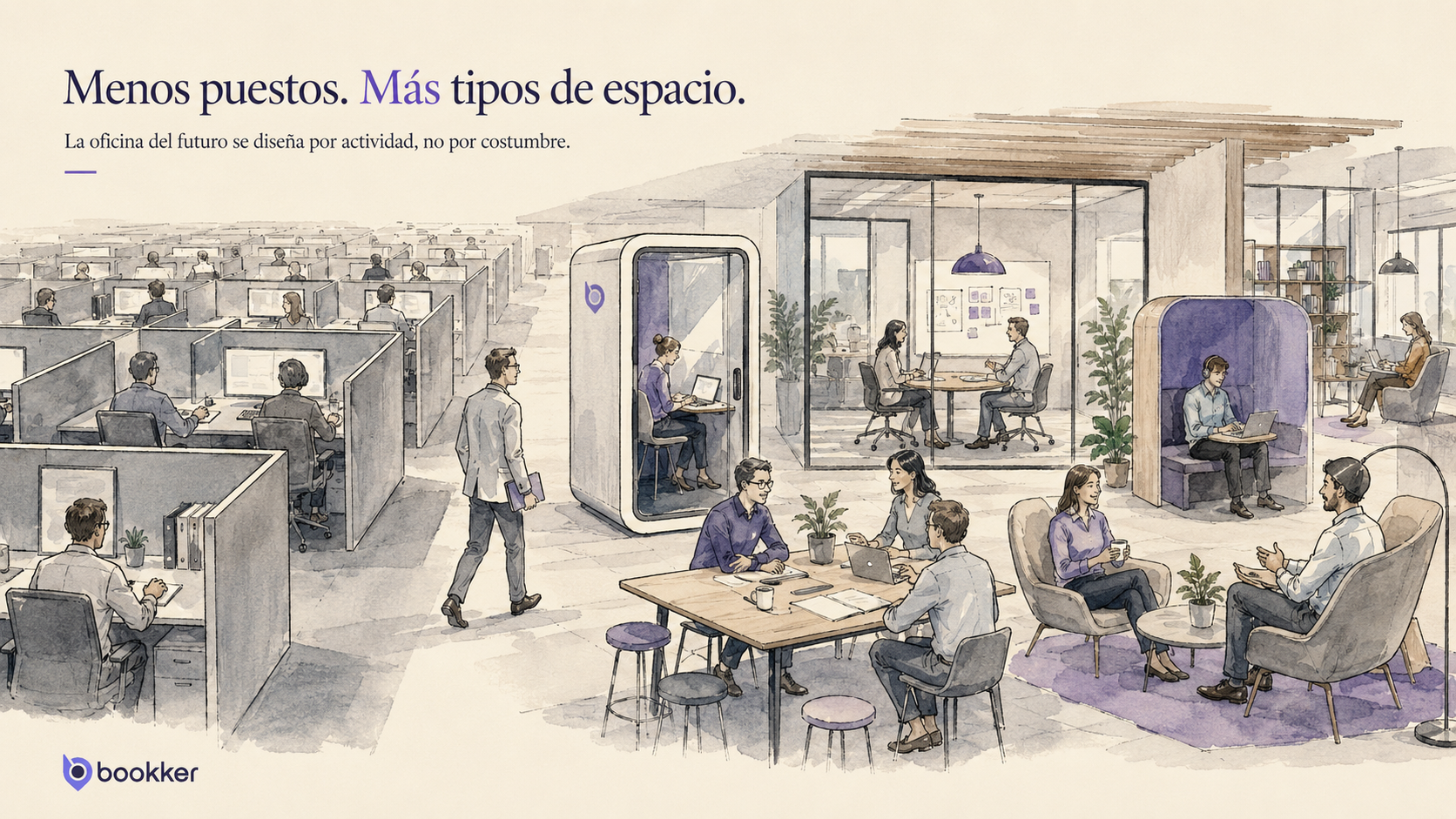 La oficina del futuro: menos puestos y más tipos de espacio Oficina del futuro: espacios de trabajo híbridos y flexibles con menos puestos fijos